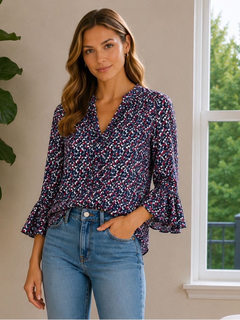 Lauren Ralph Lauren Abstract Geometric Print Blouse Tie Neck Bell Sleeves sz L